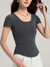 Oversized U-neck Waist-cinching Padded-Chest T-Shirt