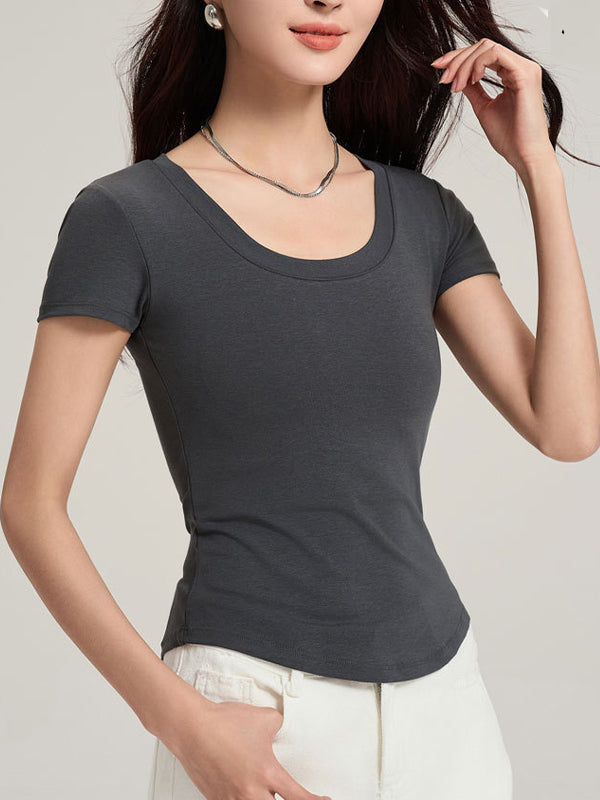Oversized U-neck Waist-cinching Padded-Chest T-Shirt