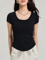 Oversized U-neck Waist-cinching Padded-Chest T-Shirt