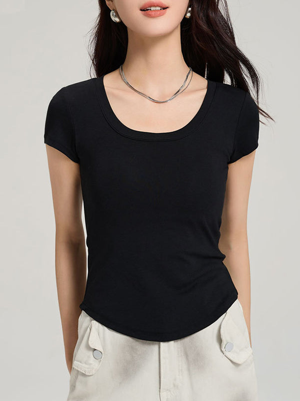 Oversized U-neck Waist-cinching Padded-Chest T-Shirt