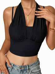 Women's Deep V Neck Sexy Crop Tank Top with Bra