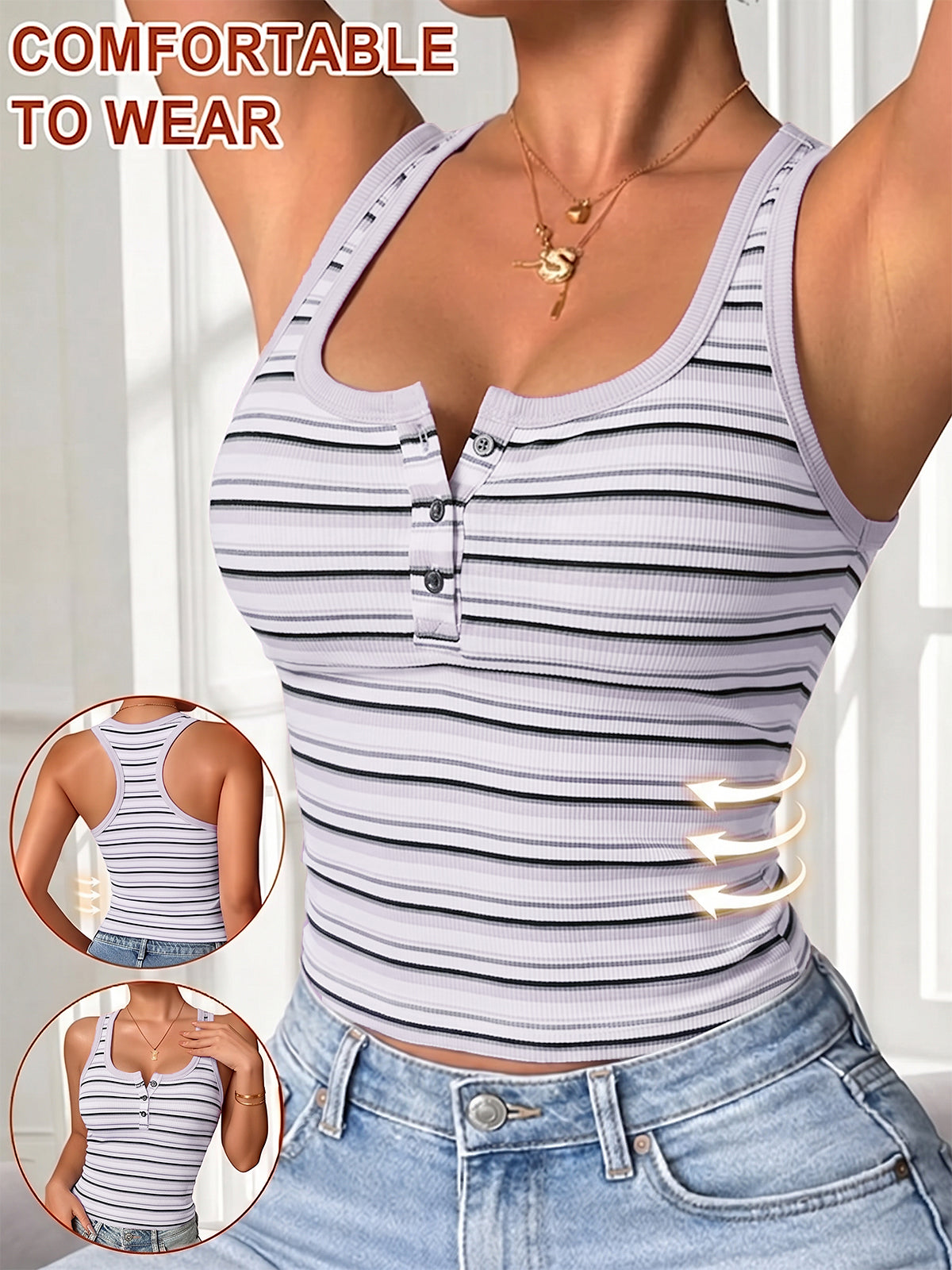 Womens Henley Scoop Neck Button Up Tank Top with Bra