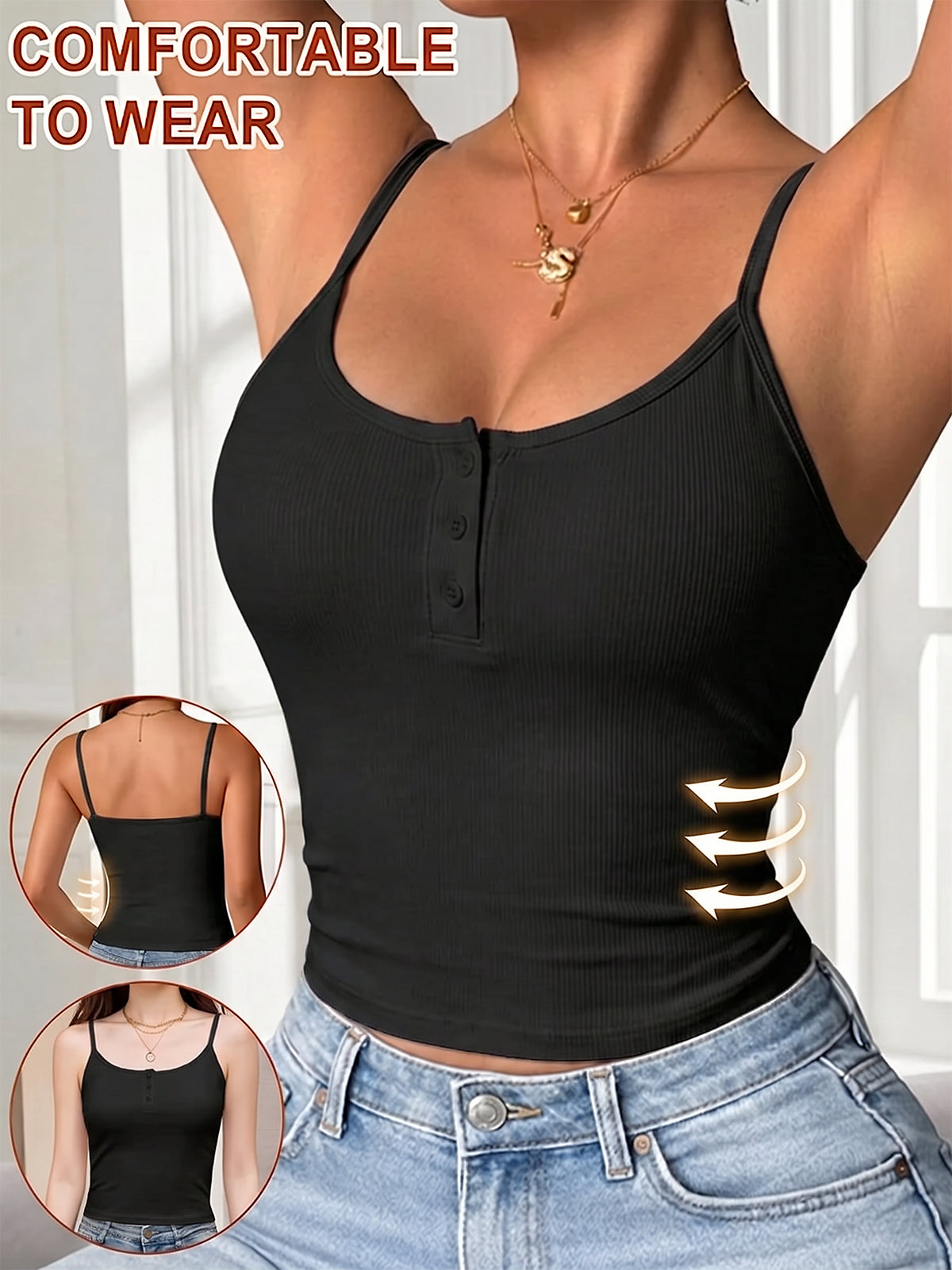 Women's Ribbed Half Button Henley Fitted Tops with Bra