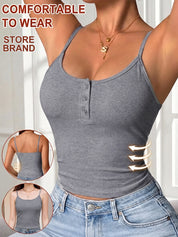 Women's Ribbed Half Button Henley Fitted Tops with Bra