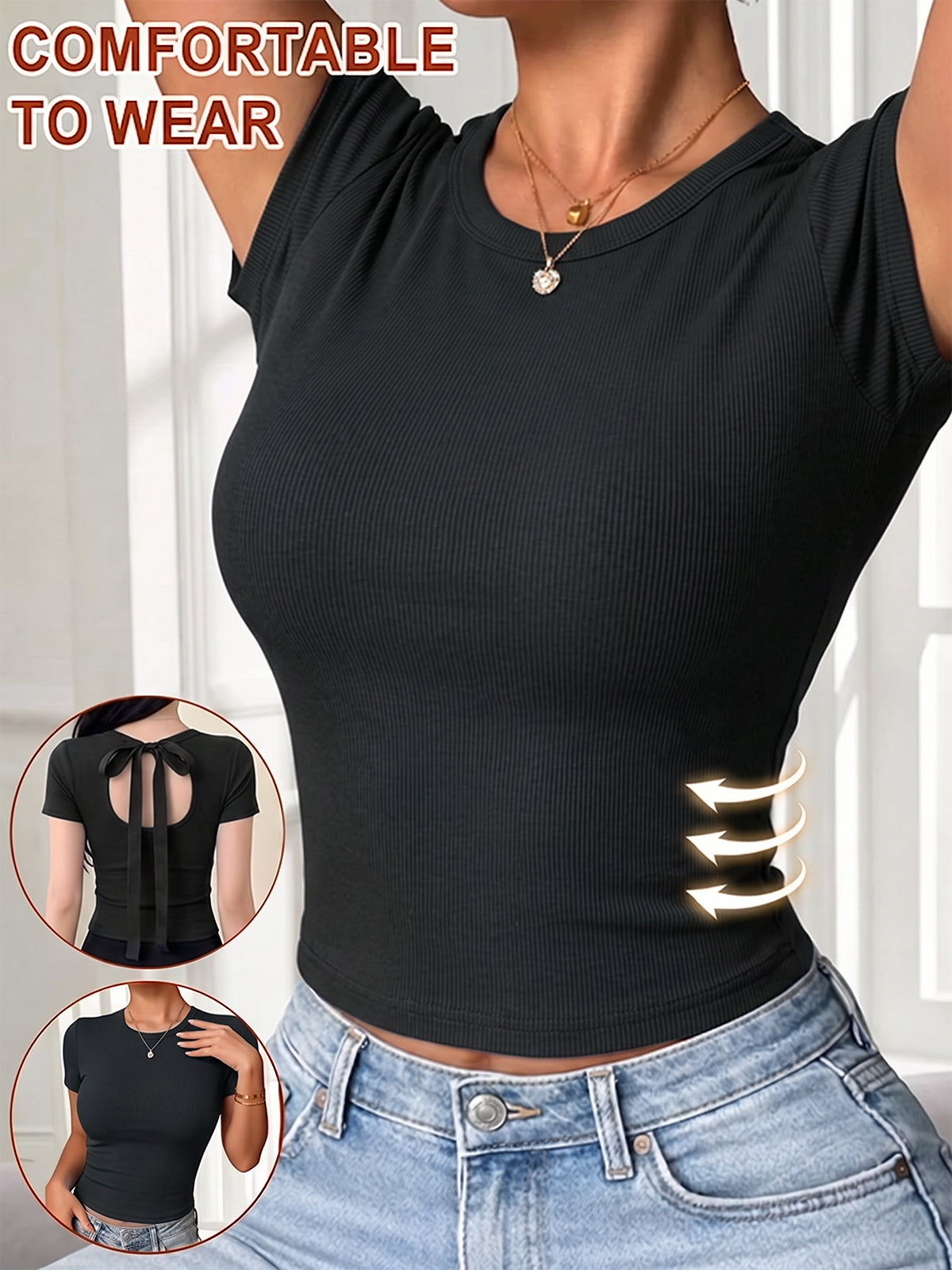 Bow Tie U-shaped Hollow Short Sleeve with Bra
