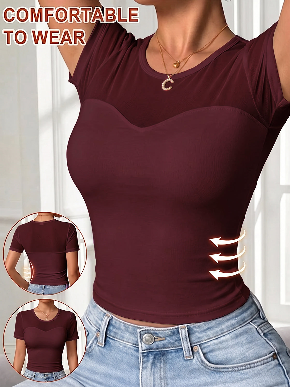 Women's Lace Mesh Sheer Short Sleeve with Bra