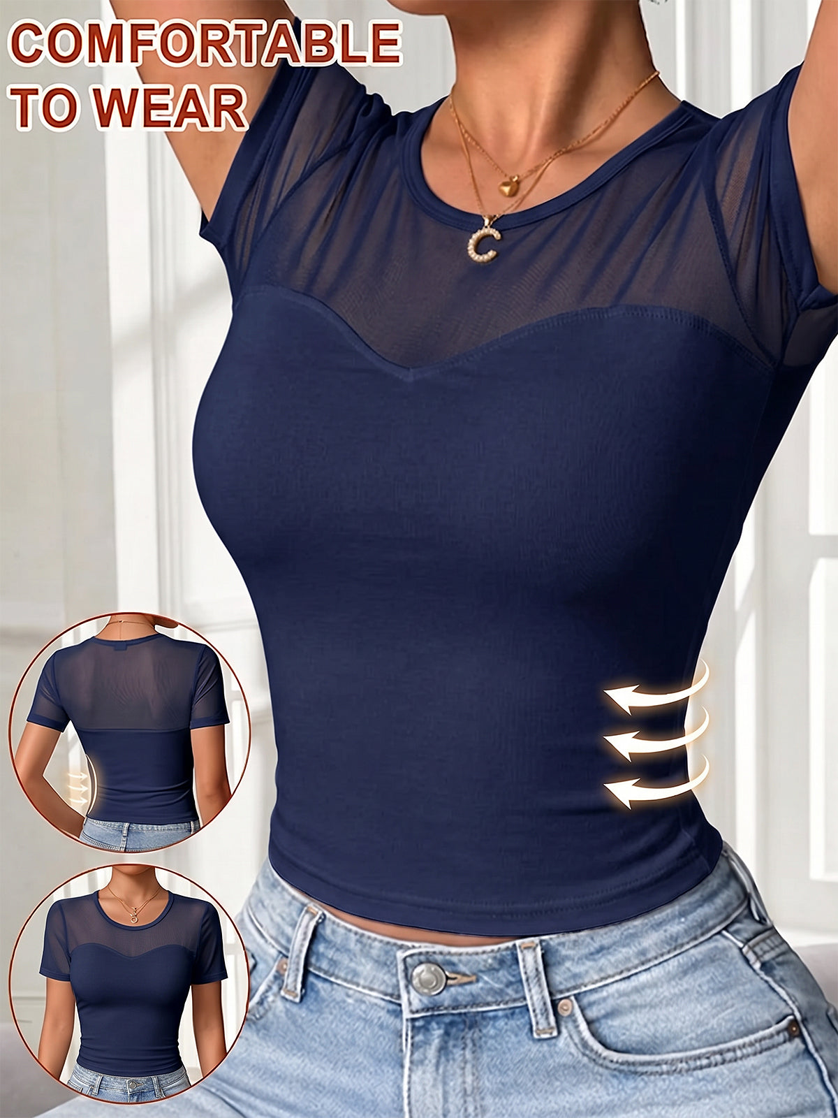 Women's Lace Mesh Sheer Short Sleeve with Bra