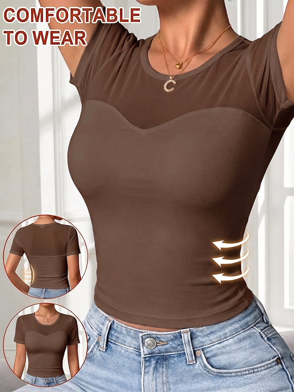 Women's Lace Mesh Sheer Short Sleeve with Bra