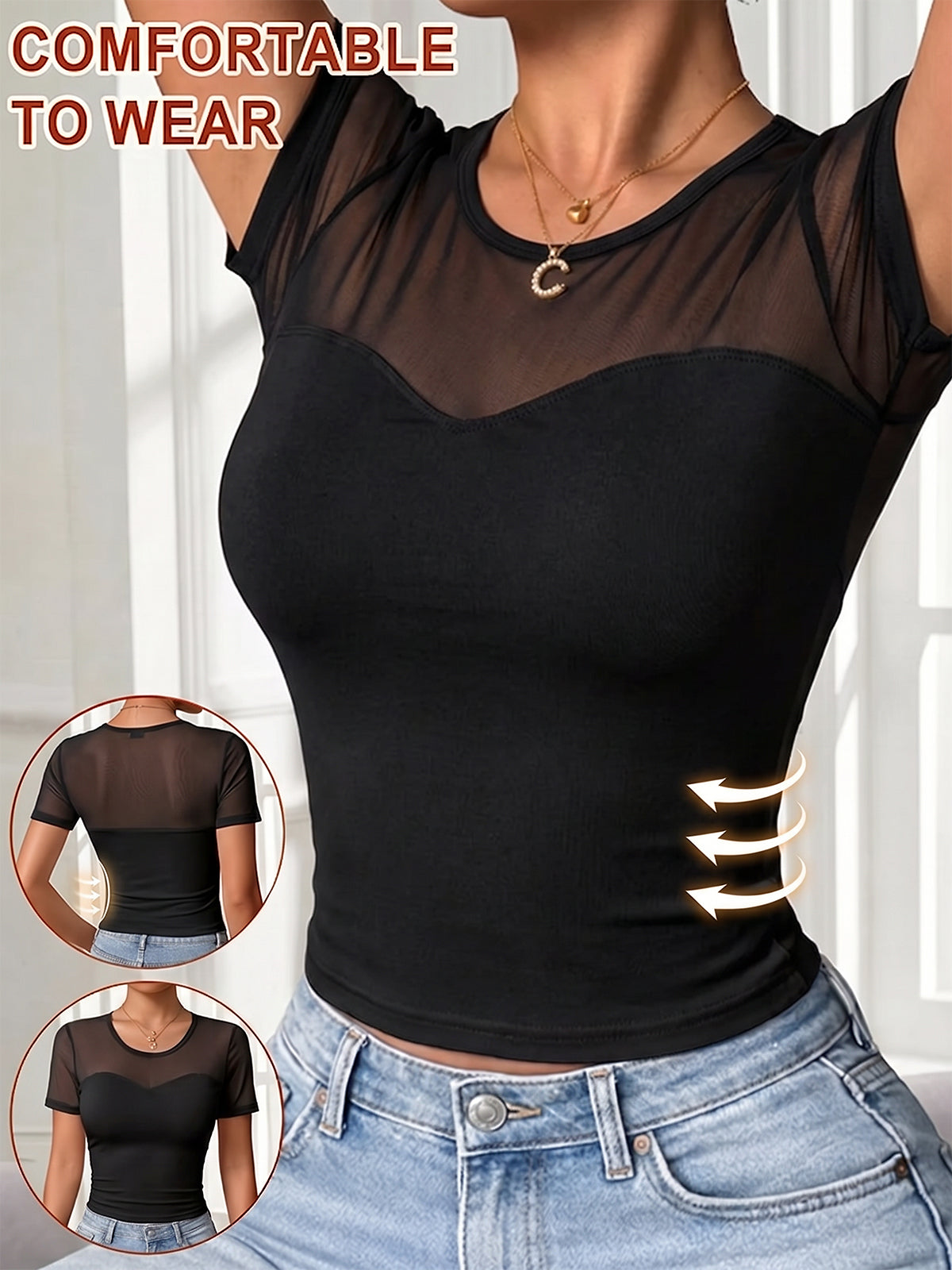 Women's Lace Mesh Sheer Short Sleeve with Bra