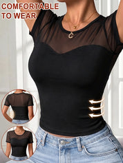 Women's Lace Mesh Sheer Short Sleeve with Bra