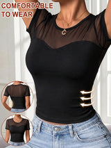 Women's Lace Mesh Sheer Short Sleeve with Bra