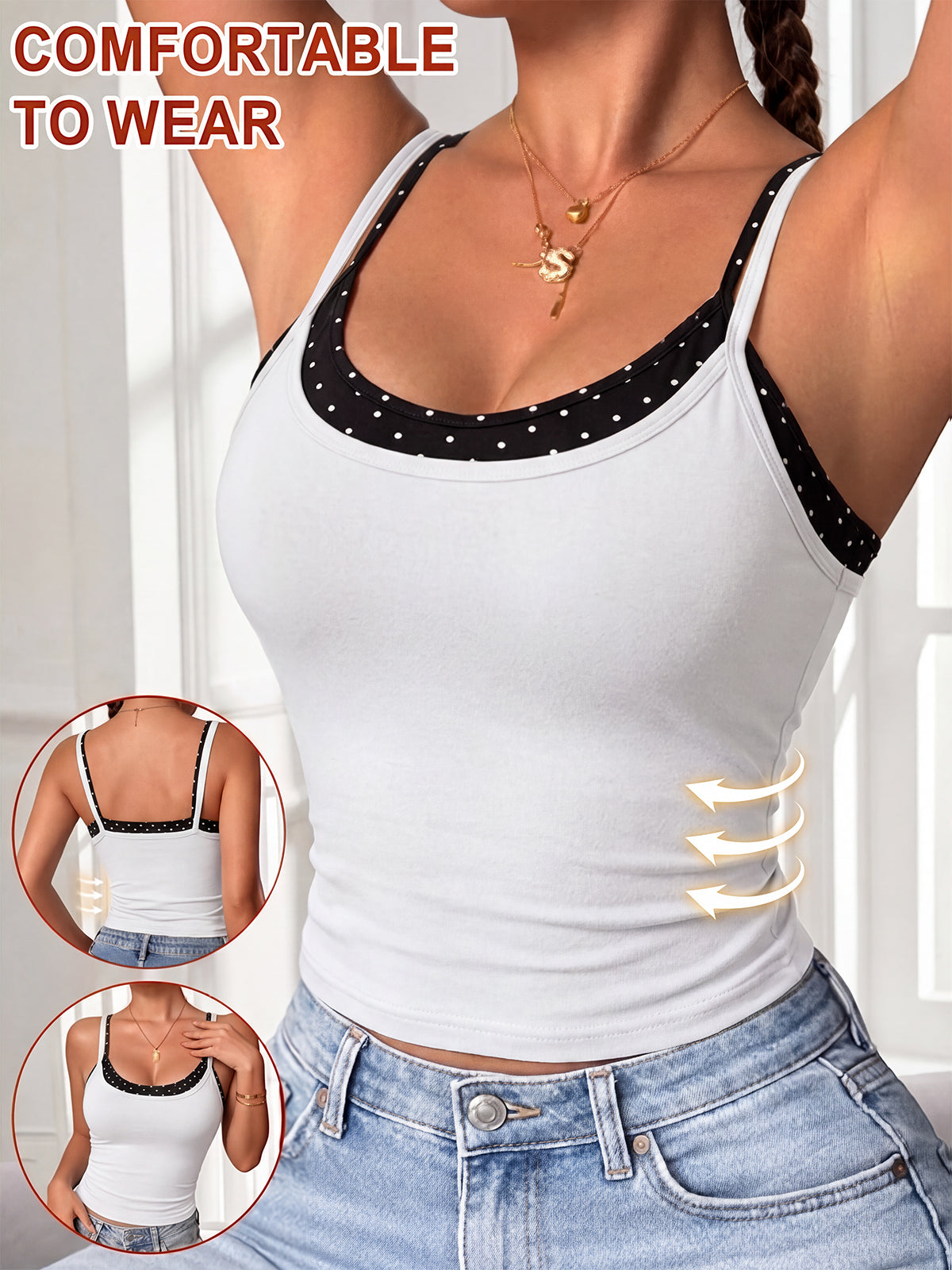 Color-blocked Polka Dot Faux Two-piece Vest with Bra