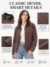 Women Contrast Collar Cropped Zip Up Barn Denim Jacket
