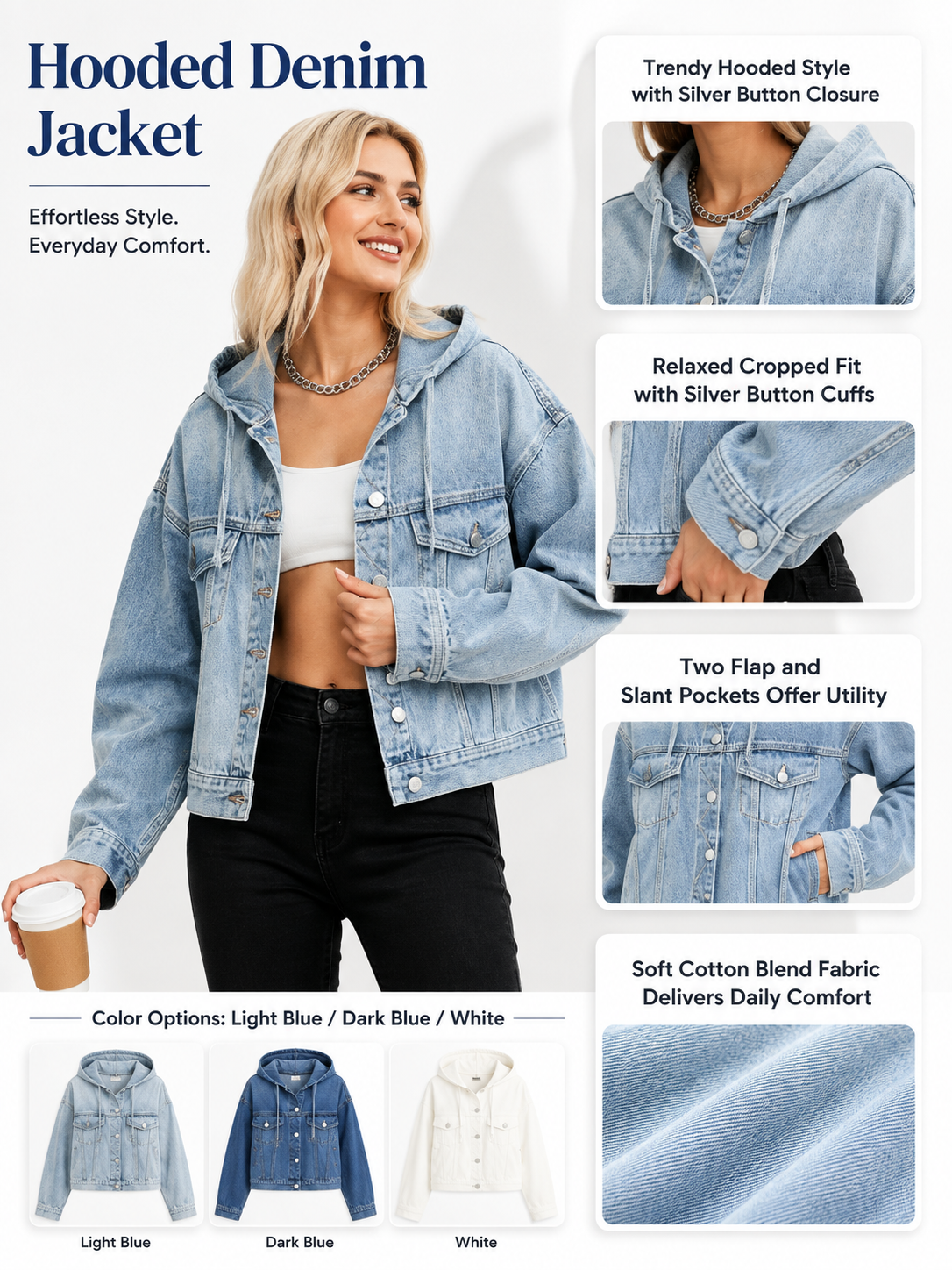 Women’s Hooded Cropped Oversized Denim Jacket