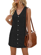V-Neck Button Down Sleeveless Denim Mini Dress