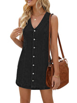 V-Neck Button Down Sleeveless Denim Mini Dress