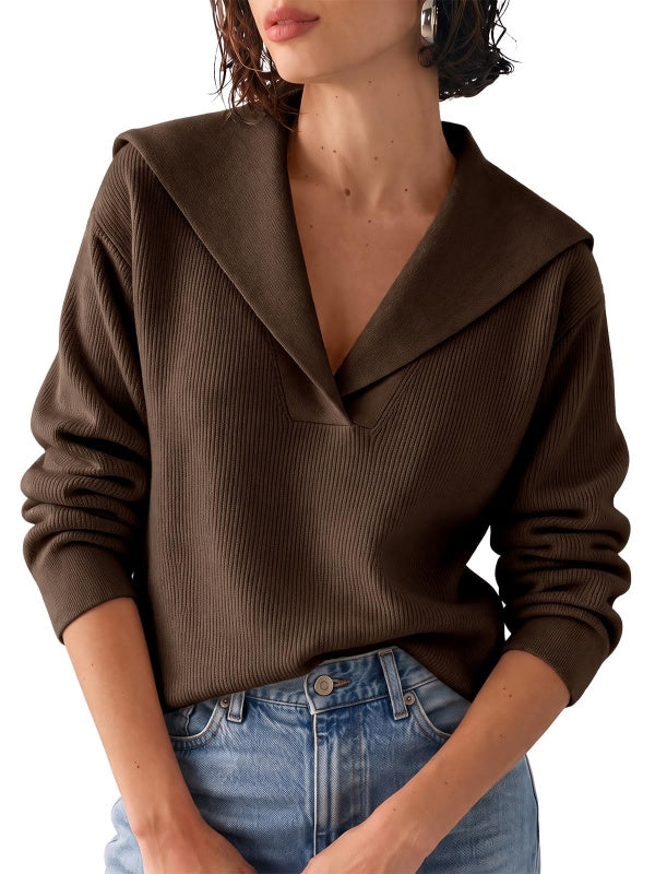 Womens Lapel Collar V Neck Pullover Sweaters