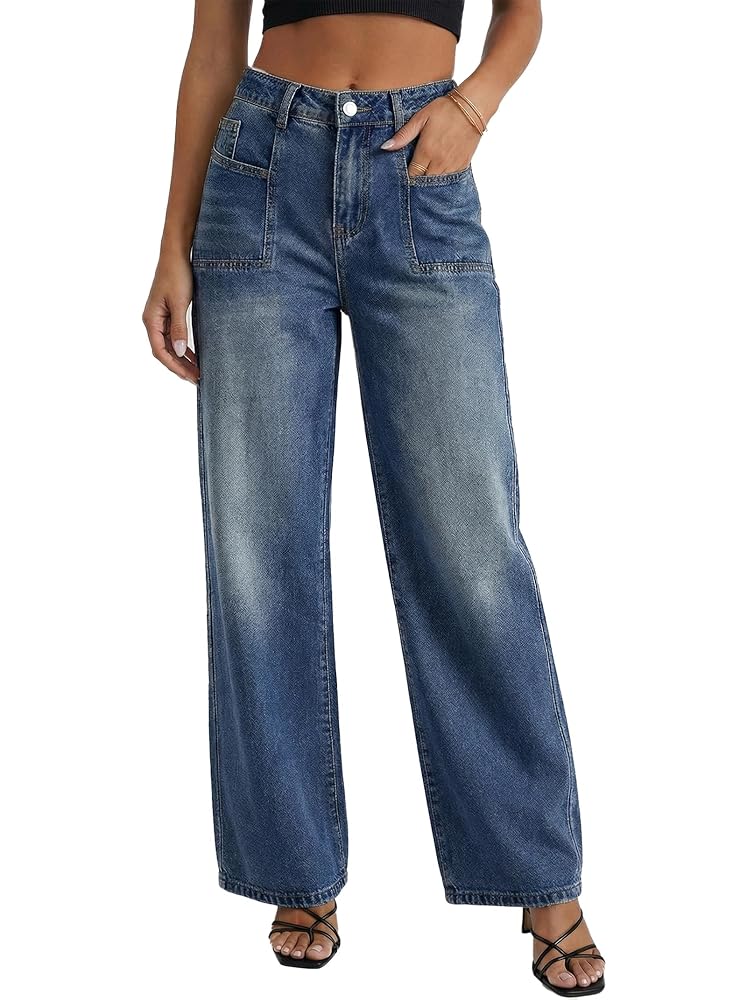 High Waisted Patchwork Pocket Wide Leg Denim Pants