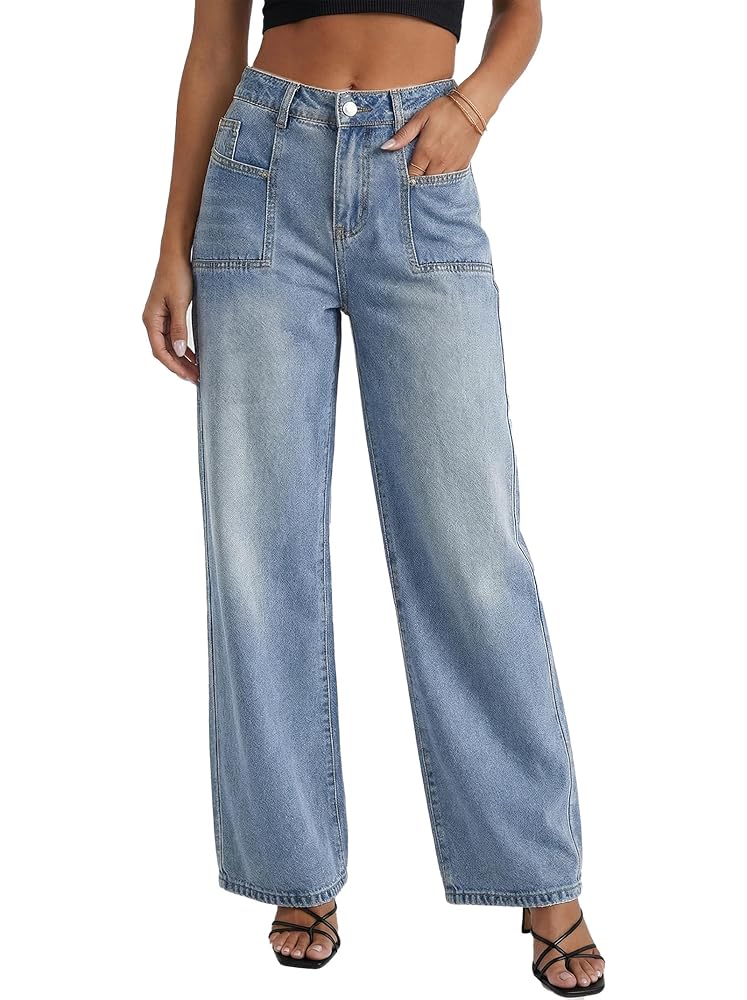 High Waisted Patchwork Pocket Wide Leg Denim Pants