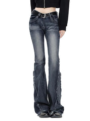 Mid Rise Embroidered Stretch 90s Y2K Bell Bottom Denim Pants