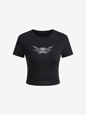 Rhinestone Heart Wing Pattern Crop Top