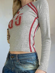 Contrast Trim Printed Long Sleeve Crop Top