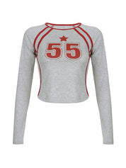 Contrast Trim Printed Long Sleeve Crop Top