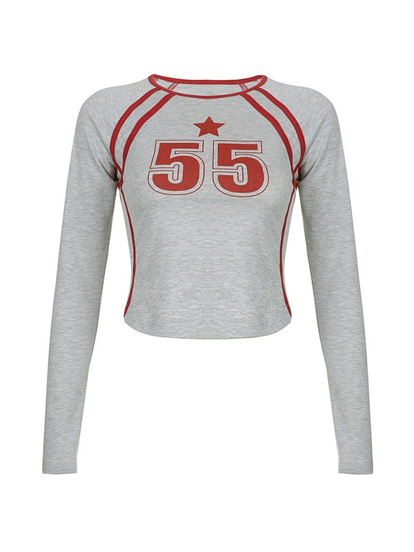 Contrast Trim Printed Long Sleeve Crop Top