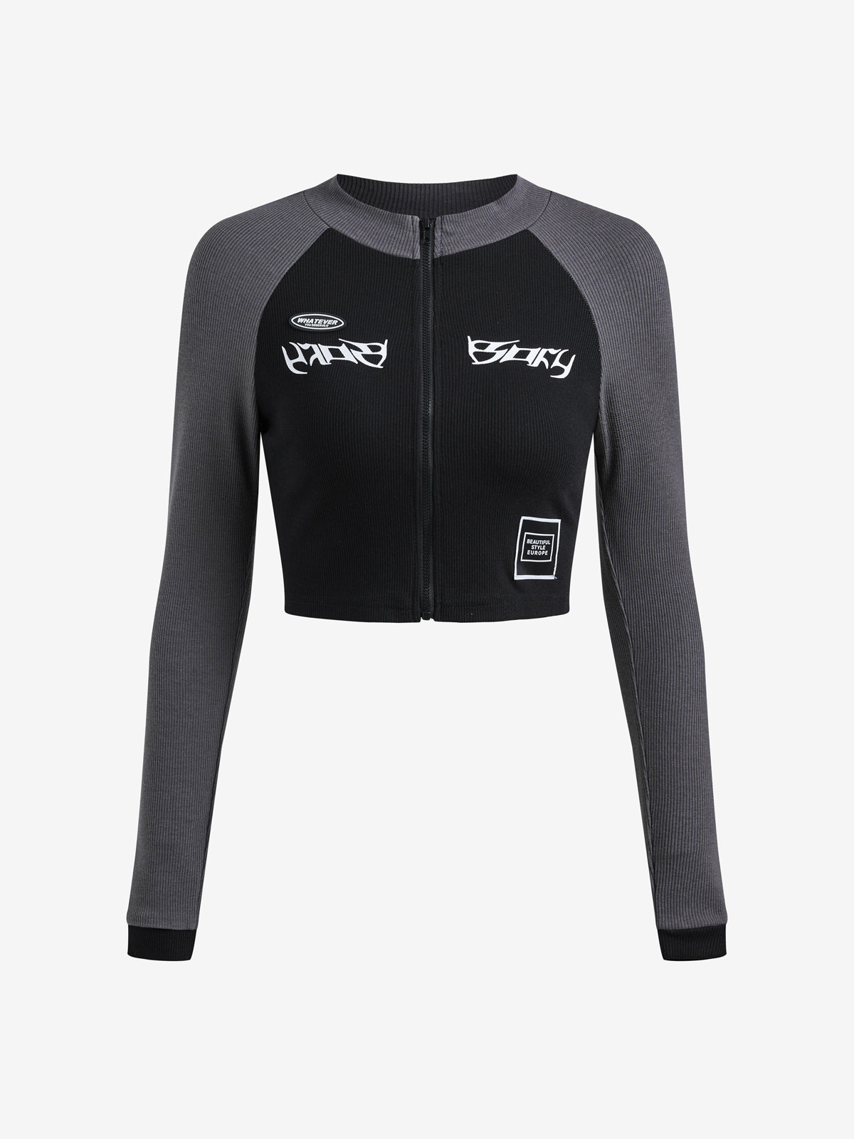 Patchwork Zip Up Long Sleeve Crop Top