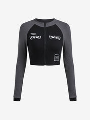 Patchwork Zip Up Long Sleeve Crop Top