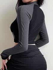 Patchwork Zip Up Long Sleeve Crop Top