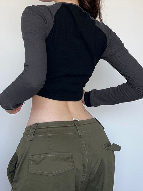 Patchwork Zip Up Long Sleeve Crop Top