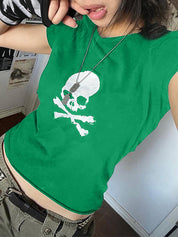 Skull Print Short Sleeve Y2K Crop Top