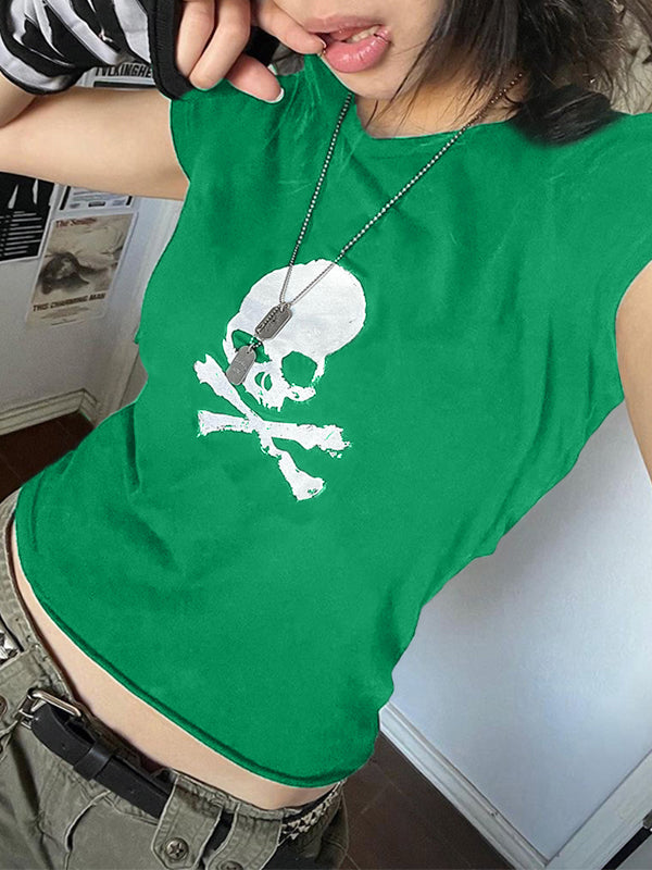 Skull Print Short Sleeve Y2K Crop Top