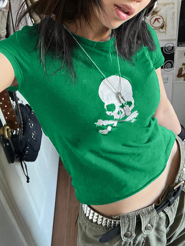 Skull Print Short Sleeve Y2K Crop Top