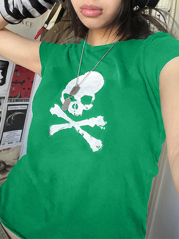 Skull Print Short Sleeve Y2K Crop Top