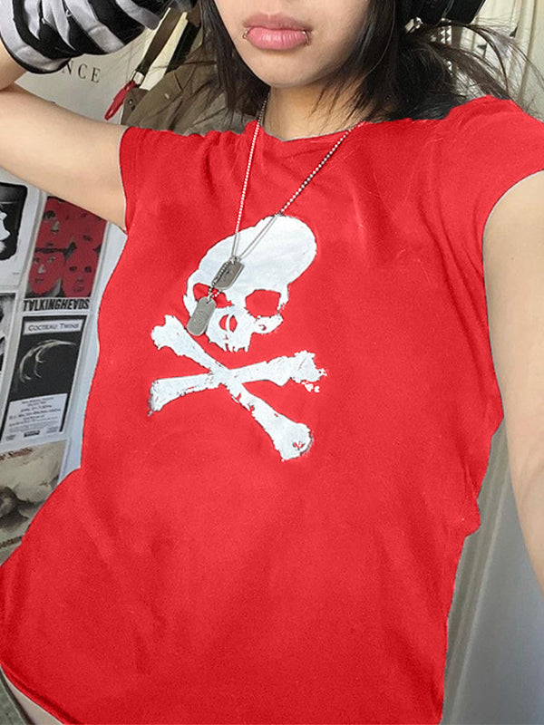 Skull Print Short Sleeve Y2K Crop Top