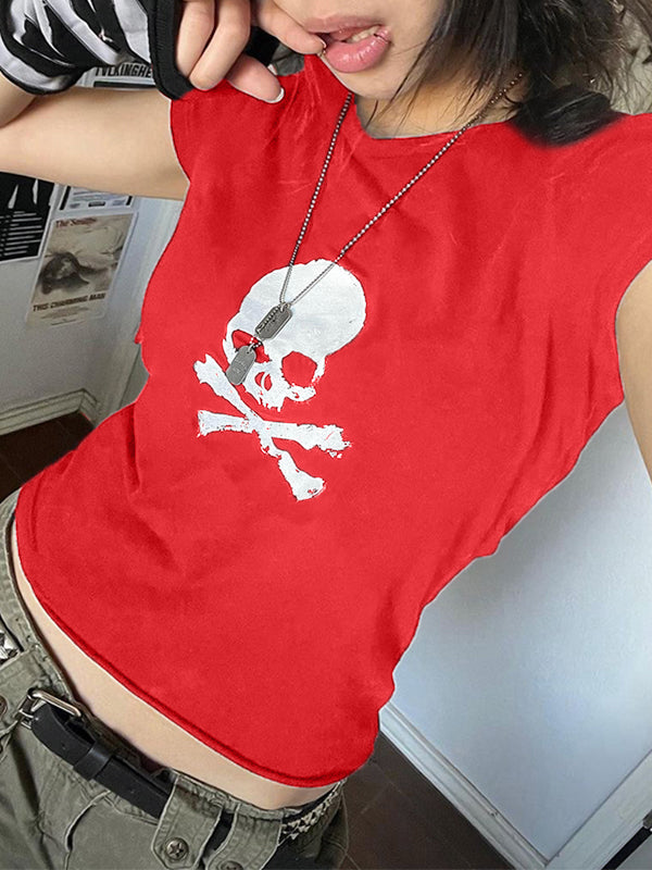 Skull Print Short Sleeve Y2K Crop Top