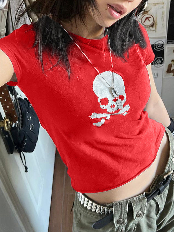 Skull Print Short Sleeve Y2K Crop Top