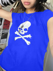 Skull Print Short Sleeve Y2K Crop Top