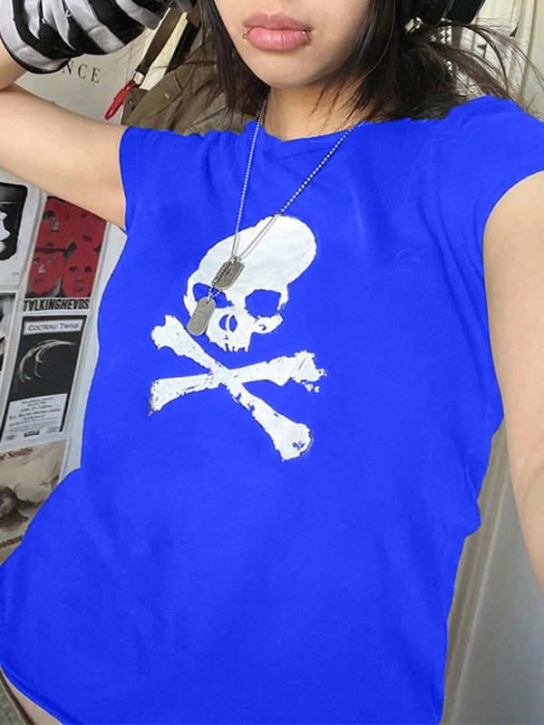 Skull Print Short Sleeve Y2K Crop Top