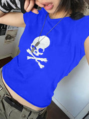 Skull Print Short Sleeve Y2K Crop Top