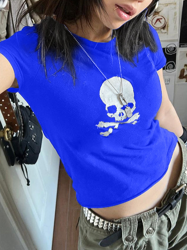 Skull Print Short Sleeve Y2K Crop Top