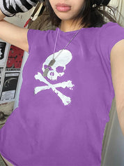 Skull Print Short Sleeve Y2K Crop Top