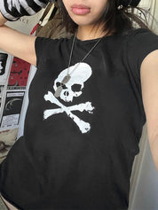 Skull Print Short Sleeve Y2K Crop Top