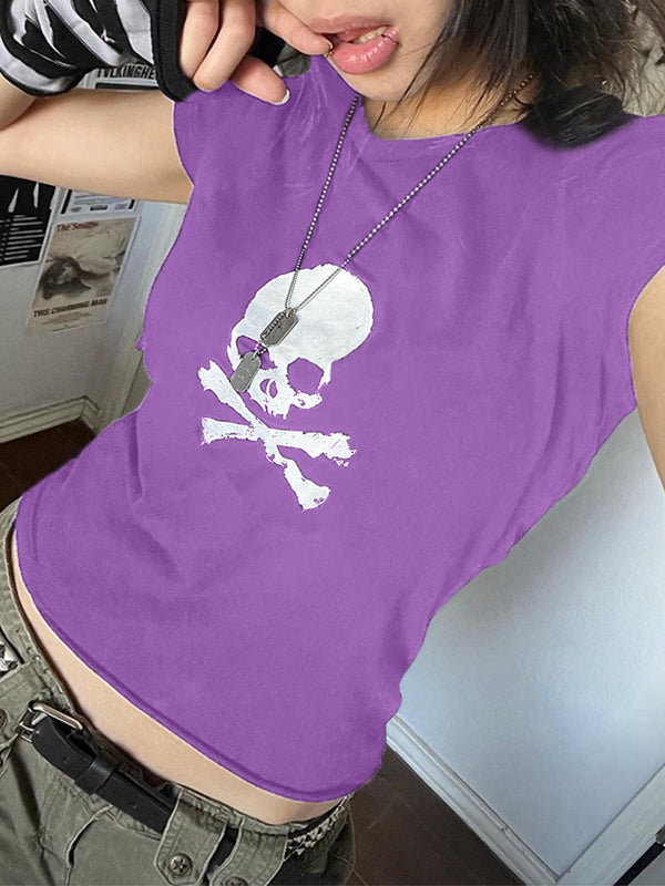 Skull Print Short Sleeve Y2K Crop Top