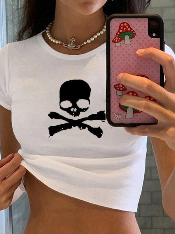 Skull Print Short Sleeve Y2K Crop Top