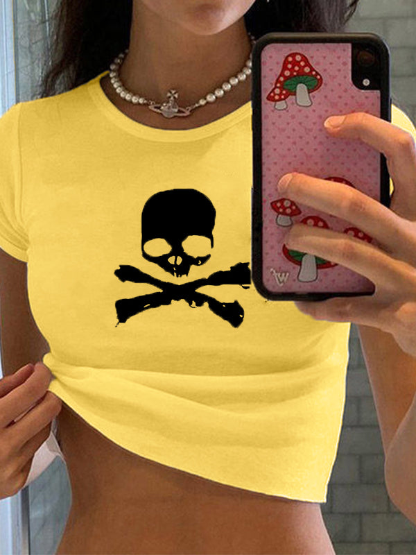 Skull Print Short Sleeve Y2K Crop Top