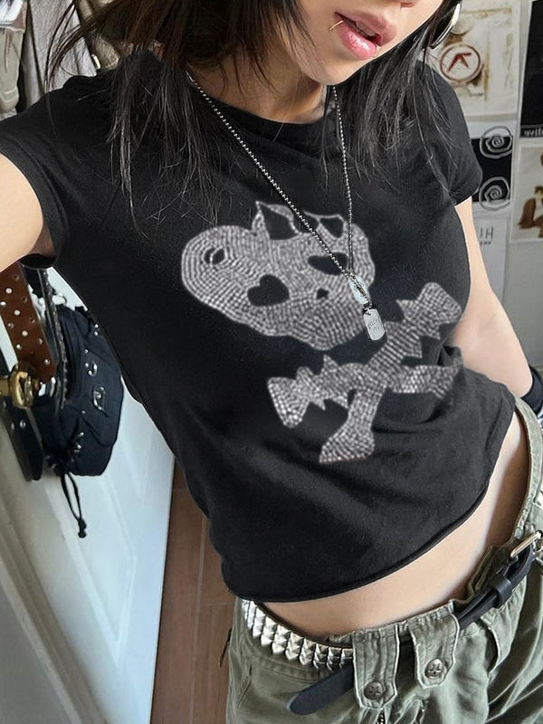 Skull Print Short Sleeve Y2K Crop Top