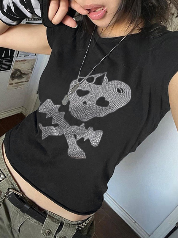 Skull Print Short Sleeve Y2K Crop Top